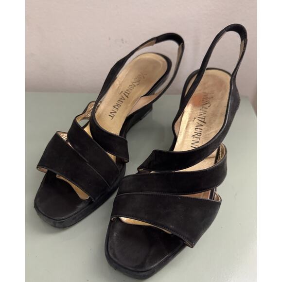 Yves Saint Laurent Black Suede Wedge Heels Sandals YSL Vintage 90s Y2K Sz 6 M - Picture 1 of 10